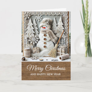 Carte Joyeux Noël Bonhomme de Neige Rustique Vintage