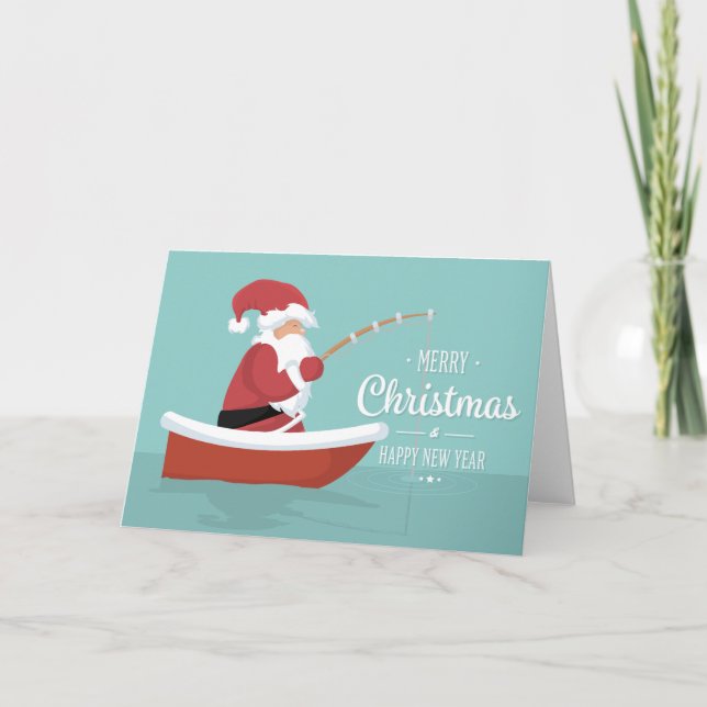 Carte Joyeux Noël, Bonne Année - Père Noël Fishing (Devant)