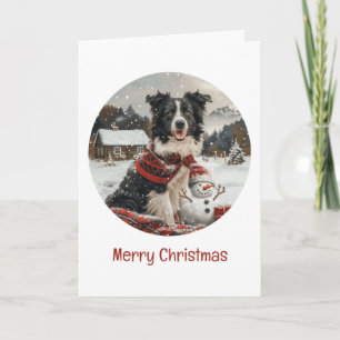 Carte Joyeux Noël Bordure Collie Chien Snowman