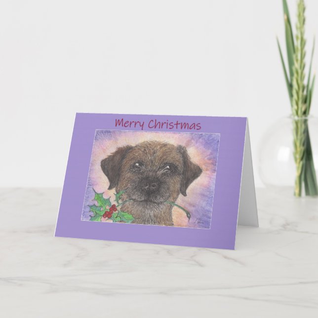 Carte Joyeux Noël, Bordure Terrier Chien & Holly (Devant)