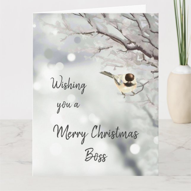 Carte Joyeux Noël Boss Aquarelle Chickadee Bird (Devant)