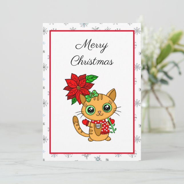 Carte Joyeux Noël | Chat orange avec Poinsettia (Debout devant)