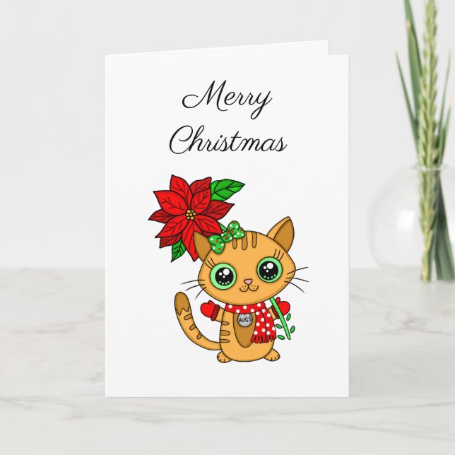 Carte Joyeux Noël | Chat orange avec Poinsettia (Devant)