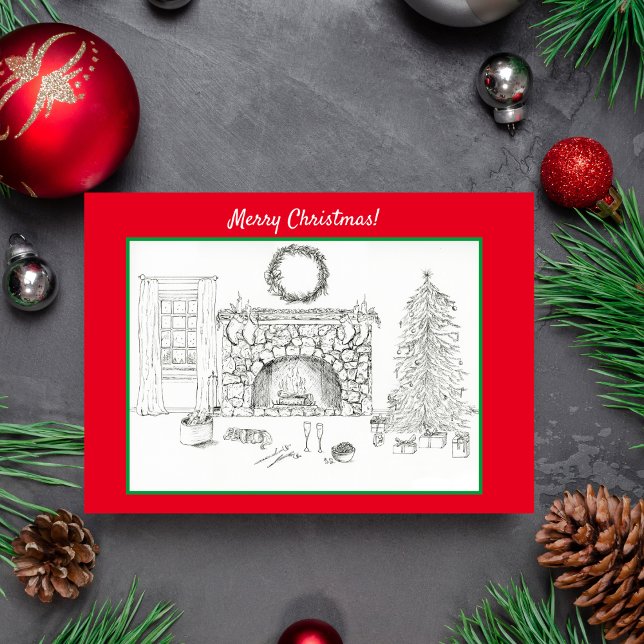 Carte Joyeux Noël Cosy Salon Avec Cavalier (A homewarming Christmas card.)