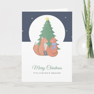 Carte Joyeux Noël Couple Fox mignonne et arbre