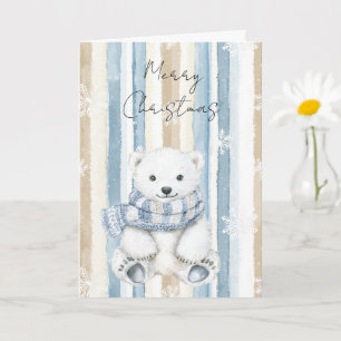 Carte Joyeux Noël Crème Bleue Snowflakes Stripes Ours