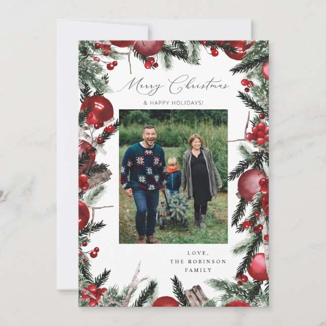 Carte Joyeux Noël de l'ornement rouge Photo 2 (Devant)