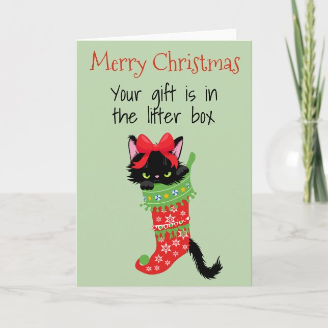 Carte Joyeux Noël du cadeau de chat dans la boîte à liti (Devant)