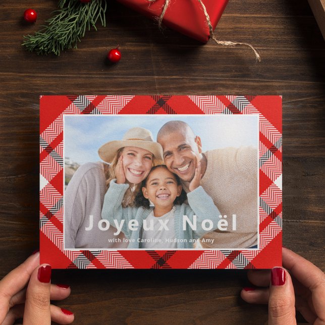 Carte Joyeux Noël Elegant Red Plaid Photo Français (Créateur téléchargé)