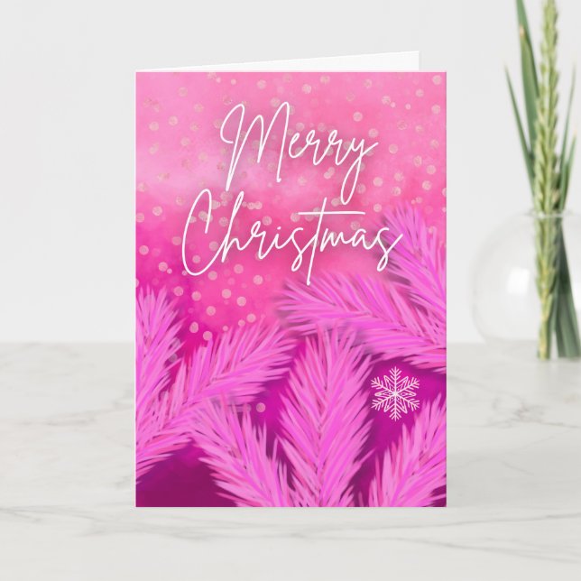 Carte Joyeux Noël en rose avec branches de pin (Devant)