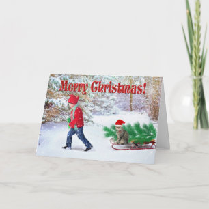 Carte Joyeux Noël enfant et chat / Ramener l'arbre généa