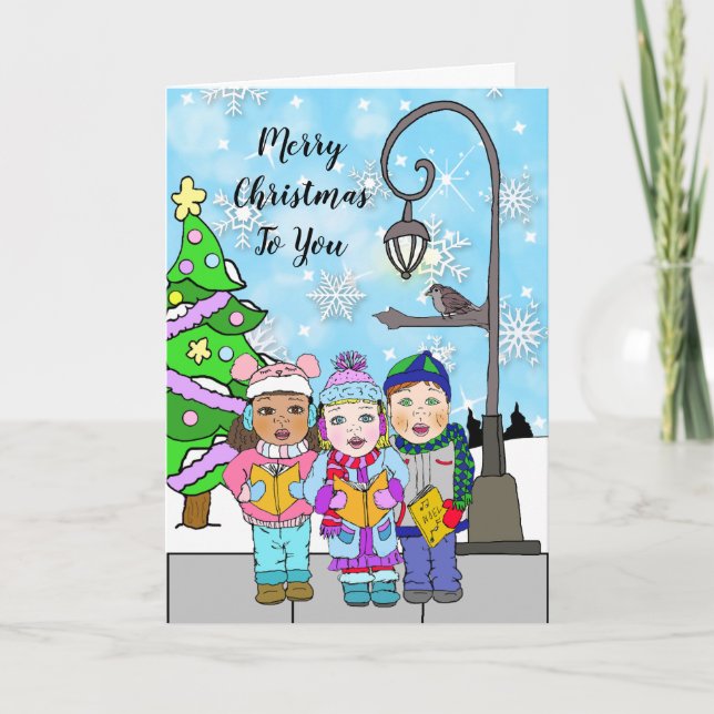 Carte Joyeux Noël Enfants Caroleurs Vacances (Devant)