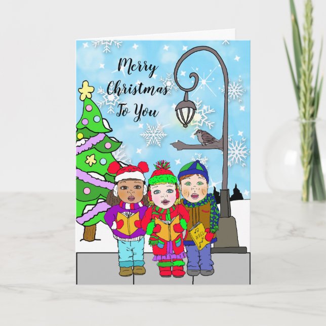 Carte Joyeux Noël Enfants Caroleurs Vacances (Devant)