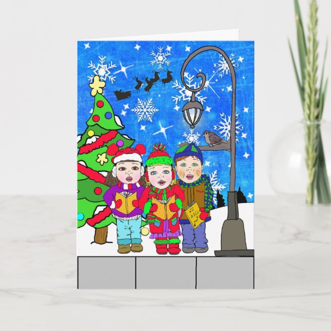Carte Joyeux Noël Enfants Caroleurs Vacances (Devant)