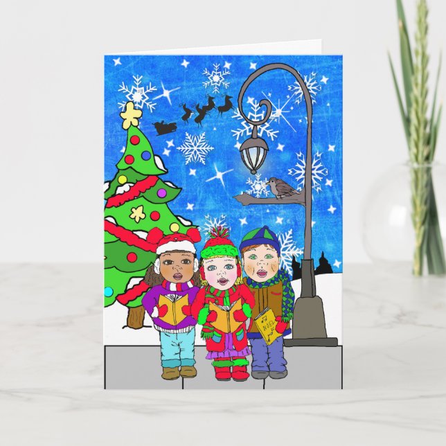 Carte Joyeux Noël Enfants Caroleurs Vacances (Devant)
