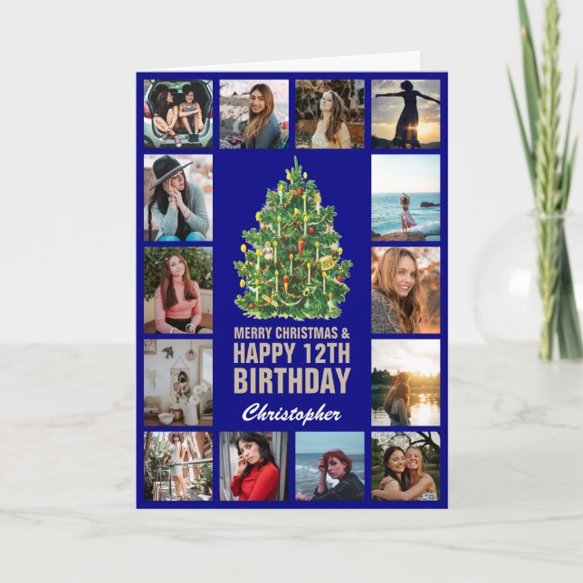 Carte Joyeux Noël et 12e Joyeux anniversaire bleu marine (Devant)