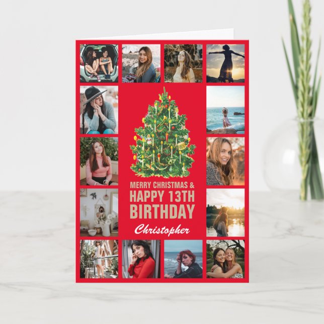 Carte Joyeux Noël et 13e Joyeux Anniversaire Rouge & Or (Devant)