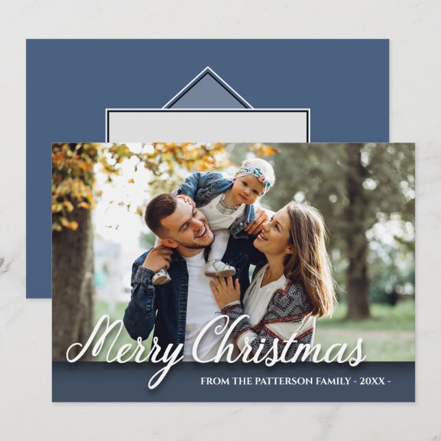 Carte Joyeux Noël Famille Photo Elégant Moderne Bleu (Devant / Derrière)