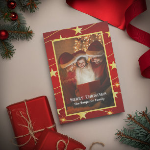 Carte Joyeux Noël Famille Photo Rouge Élégant
