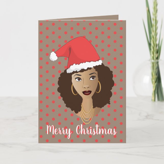 Carte Joyeux Noël! Femme noire, Santa Hat, Polka Dot (Devant)