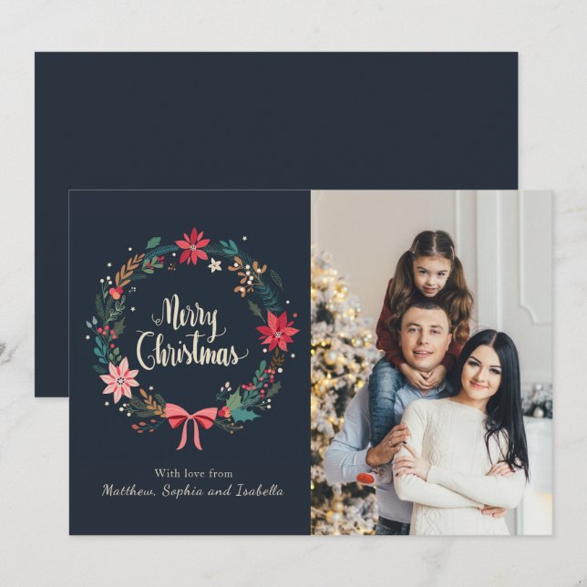 Carte Joyeux Noël Floral Wreath Photo personnalisée (Devant / Derrière)
