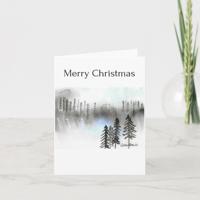 Carte Joyeux Noël, Forêt d'aquarelle d'arbre Abstrait (Devant)