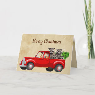 Carte Joyeux Noël Funny Raccoon Camion Animaux