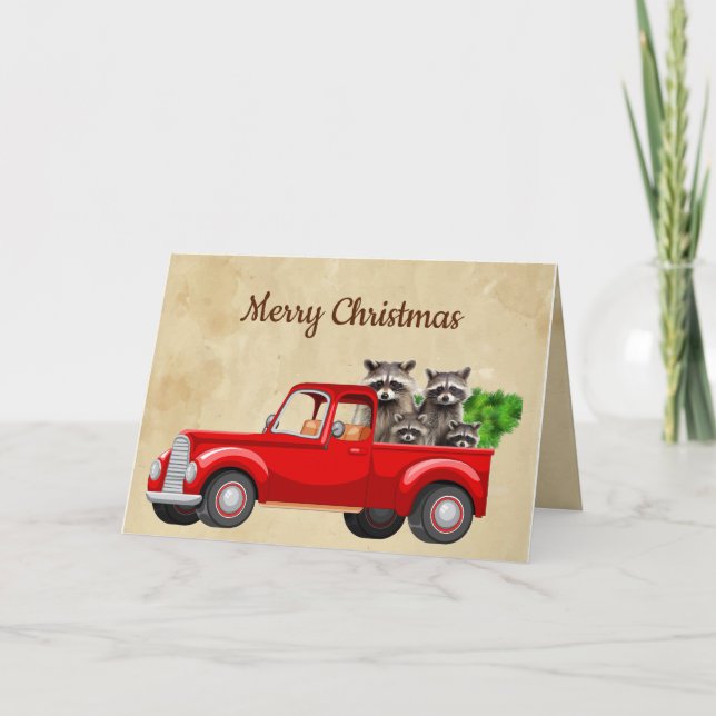 Carte Joyeux Noël Funny Raccoon Camion Animaux (Devant)