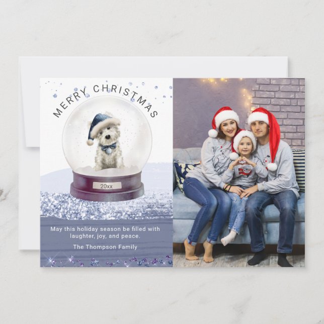 Carte Joyeux Noël Globe neige aquarelle photo chien (Devant)