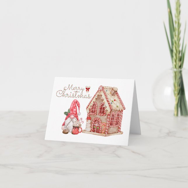 Carte Joyeux Noël Gnome et Maison en pain d'épice (Devant)