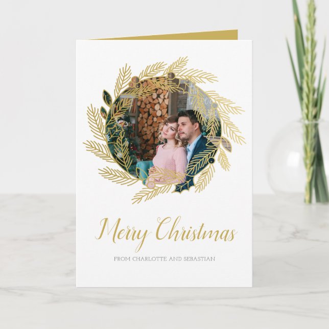 Carte Joyeux Noël Gold Holly Berry Wreath Photo (Devant)