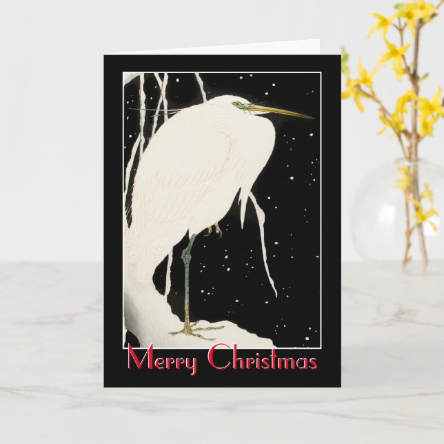 Carte Joyeux Noël - Héron en neige - Ohara Koson (Fleur jaune)