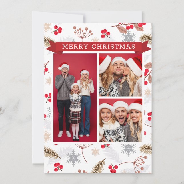 Carte Joyeux Noël hiver moderne Fir Holly 3 Photo (Devant)