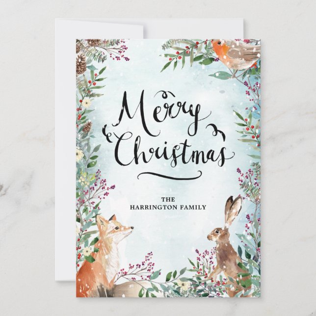 Carte Joyeux Noël hiver Woodland Fox Rabbit Card (Devant)