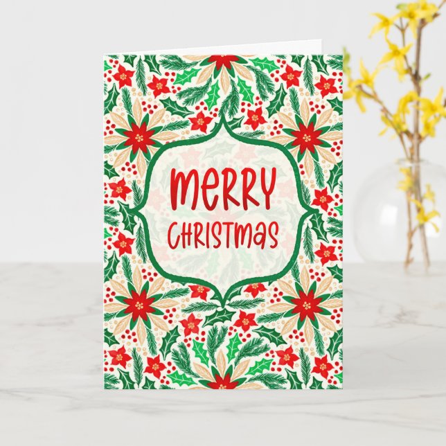 Carte Joyeux Noël Holly et Poinsettia Botanique (Fleur jaune)
