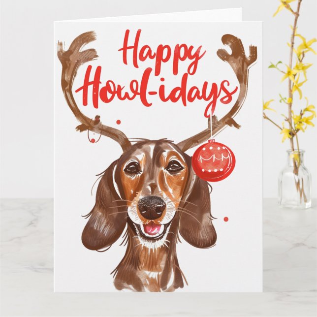 Carte Joyeux Noël Howli-Days Dachshund (Fleur jaune)