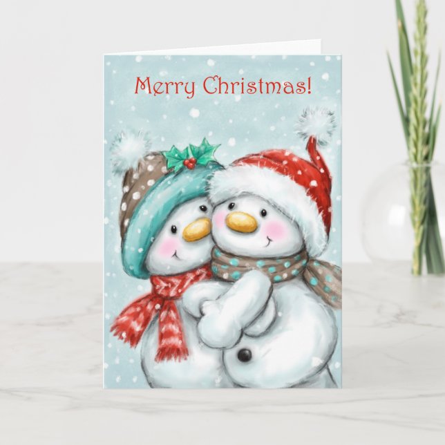 Carte Joyeux Noël, mignon Snowman Couple Cuddin (Devant)