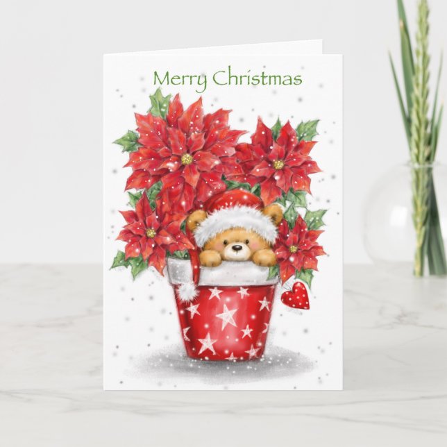 Carte Joyeux Noël, mignonne Ourson Pop Up de Poinsettias (Devant)