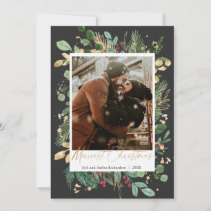 Carte Joyeux Noël noir or rouge sainte baies