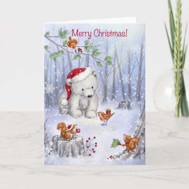 Carte Joyeux Noël, Ours polaire en bois neigeux (Devant)