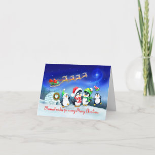 Carte Joyeux Noël Penguin Famille avec Père Noël Sleigh