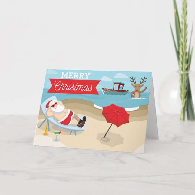 Carte Joyeux Noël - Père Noël à la plage (Devant)