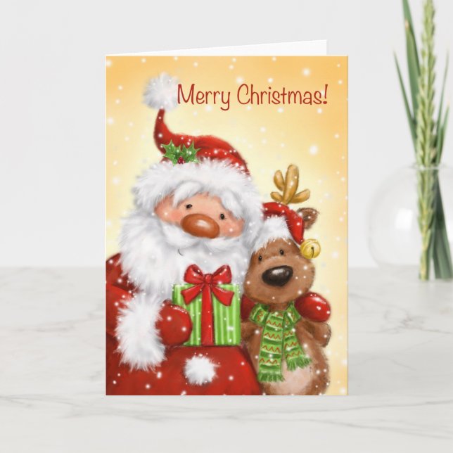 Carte Joyeux Noël, Père Noël et Reindeer portrait (Devant)