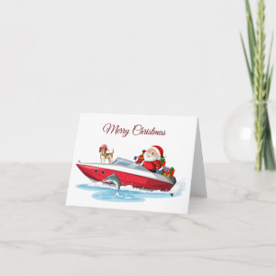 Carte Joyeux Noël Père Noël sur le bateau avec chien