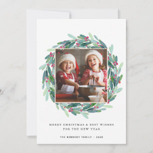 Carte Joyeux Noël Photo moderne Holiday Holly Wreath