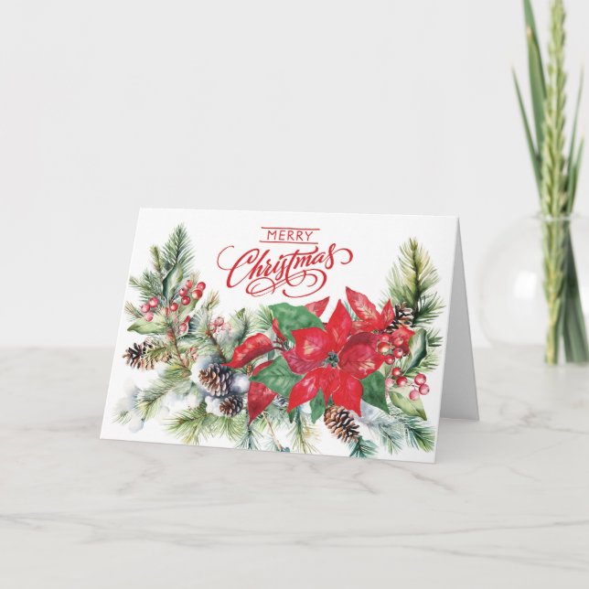 Carte Joyeux Noël - Poinsettia, Boughs, Berries (Devant)