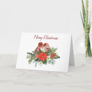 Carte Joyeux Noël Poinsettia et deux oiseaux rouges