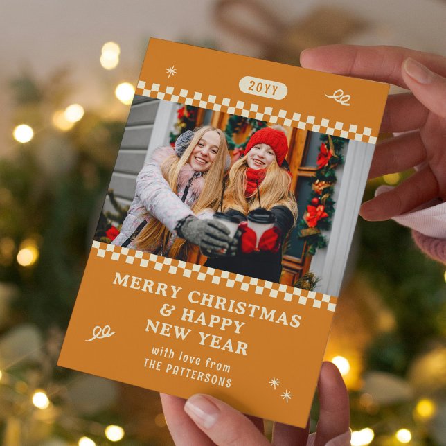 Carte Joyeux Noël Retro Orange Photo personnalisée (Créateur téléchargé)