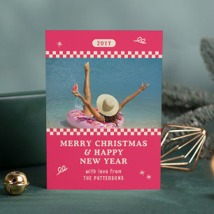 Carte Joyeux Noël Retro rose photo personnalisée