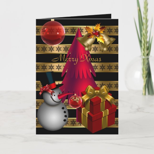 Carte Joyeux Noël Rouge Noir Bande Or Noir Noël (Devant)